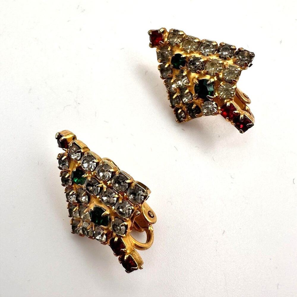 Vintage Y2K Gold Tone Christmas Tree Rhinestone Earrings Women's Classic Jewelry